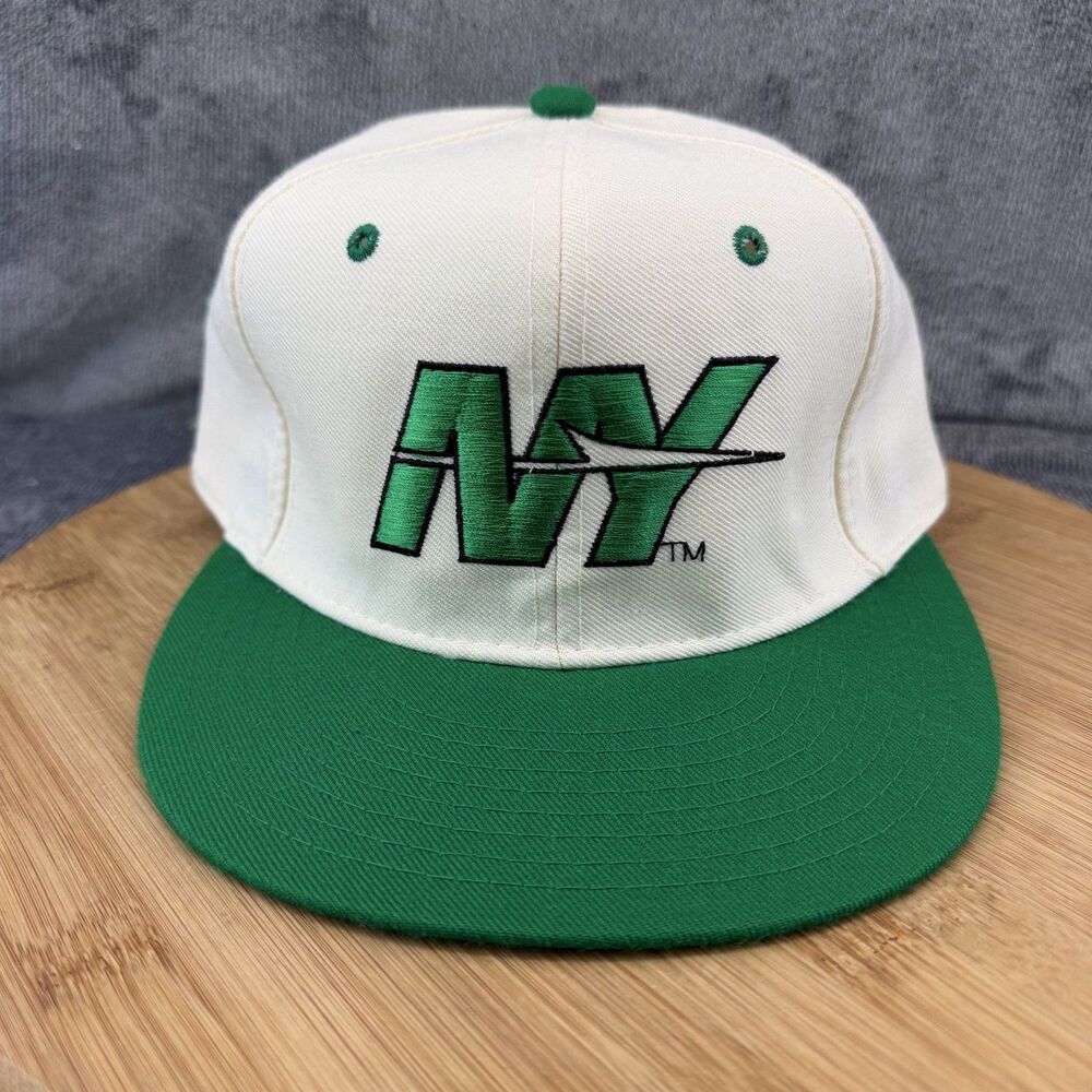 New York Jets Vtg Hat Cap Fitted Mens 6 7/8 White Green NFL New Era Wool 90s USA
